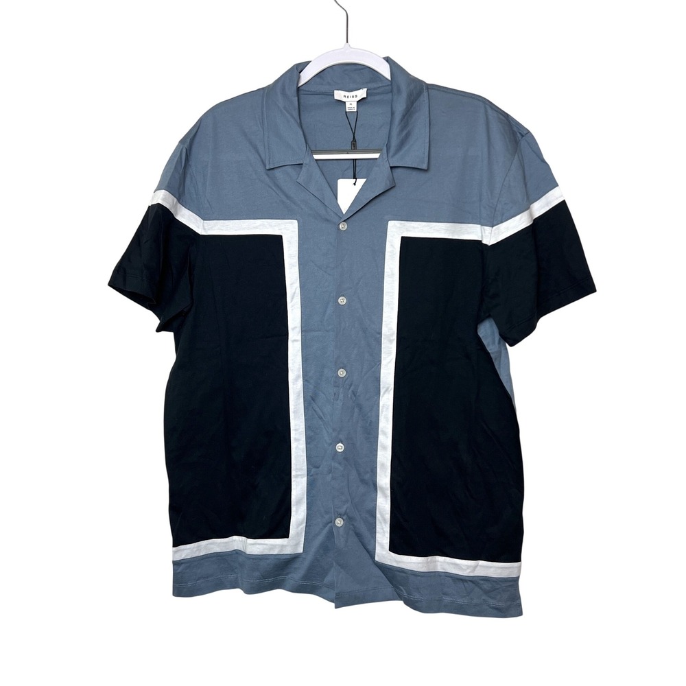 Reiss Blue and Black Short Sleeve Button-Down Shirt with White Trim